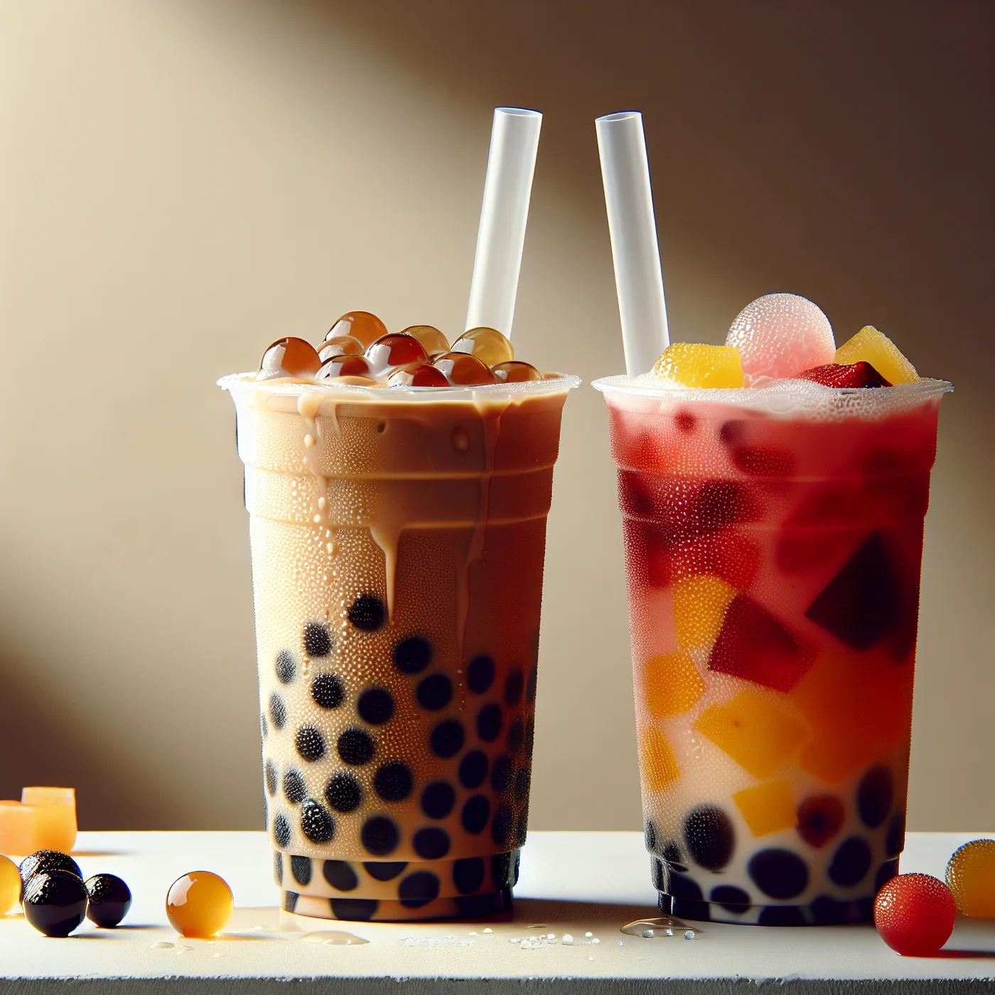 Two colorful boba drinks